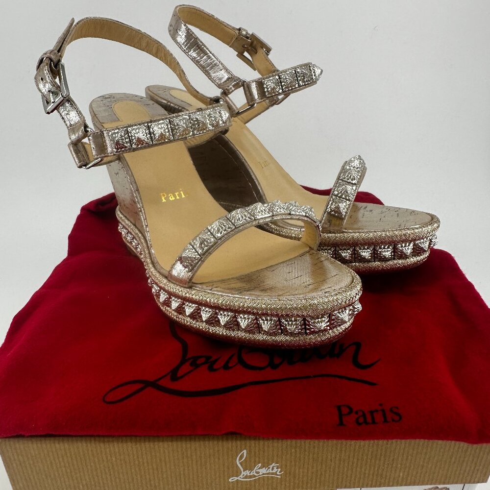 Louboutin Cork Studded Pyradiams 110 Platform Wedge - Size 39